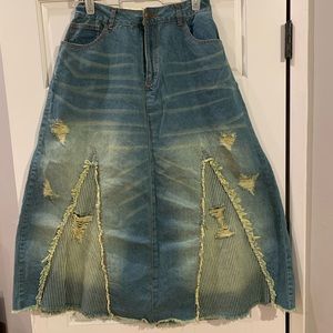 Monsoring Patchwork Boho Maxi Distressed Denim Jean Skirt Size M